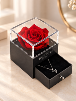 Rosa eterna roja en joyero negro con collar de corazón