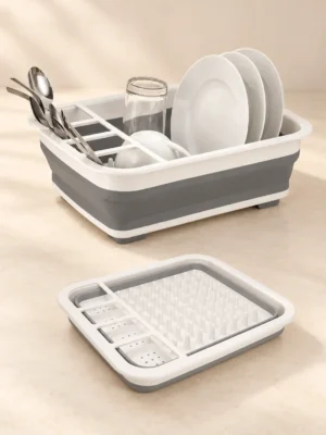 Escurridor de platos plegable gris y blanco con compartimentos