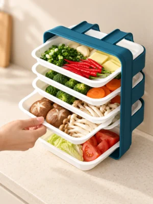 Organizador apilable azul con cinco bandejas extraíbles para alimentos