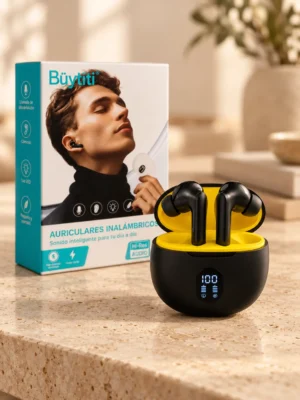 Auriculares inalámbricos Buytiti negros con estuche de carga amarillo