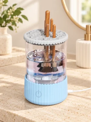 Limpiador eléctrico de brochas azul con recipiente transparente