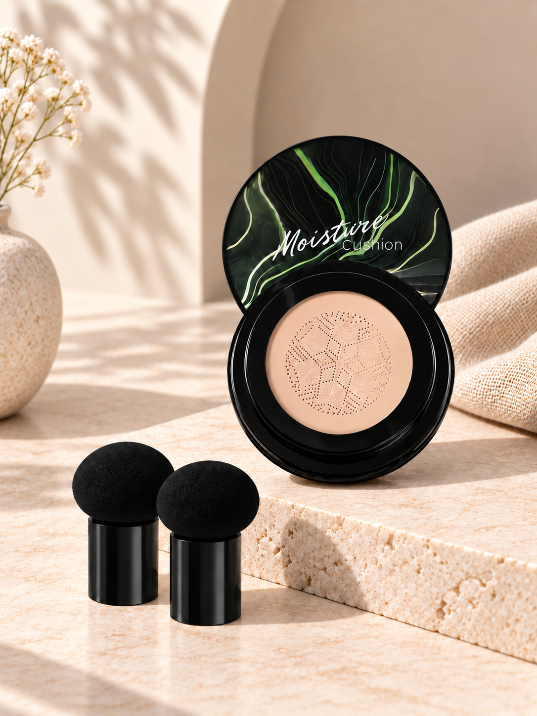 paulette base moisture warm minimal sin gota Base de maquillaje Moisture con dos aplicadores en ambiente cálido y minimalista