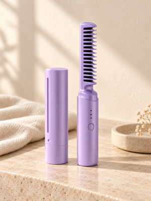 Cepillo alisador portátil morado con cubierta protectora en ambiente cálido y minimalista