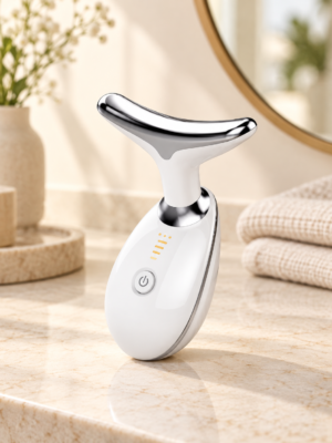 Masajeador facial y de cuello blanco en ambiente cálido y minimalista
