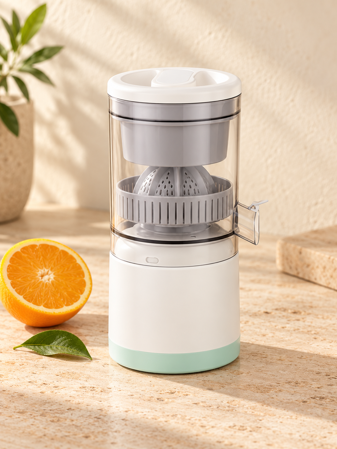 paulette mini extractor warm minimal Mini extractor de jugos blanco con detalles verde menta en ambiente cálido y minimalista