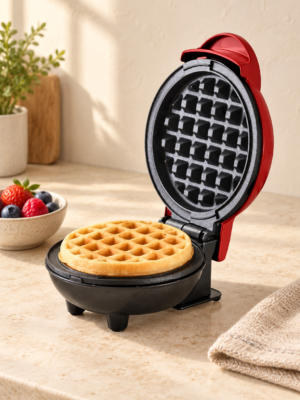 Mini waflera eléctrica roja abierta con waffle en ambiente cálido y minimalista