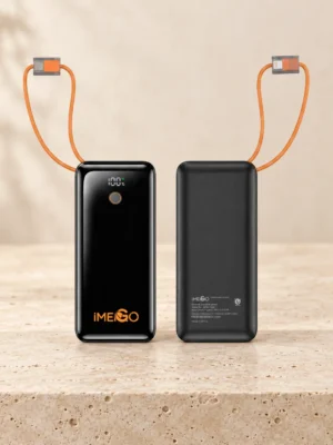 Power Bank iMEGO negra con cables naranjas integrados